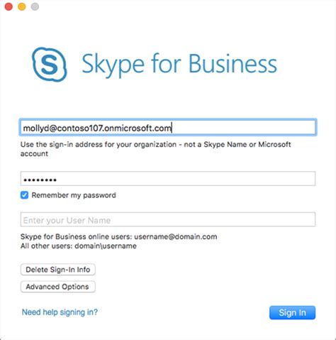 Skype for business sign in box